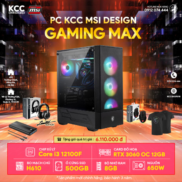 PC KCC C08 MSI (I3 12100F / H610 / 8GB RAM / 500GB SSD / RTX 3060 12GB / 650W)