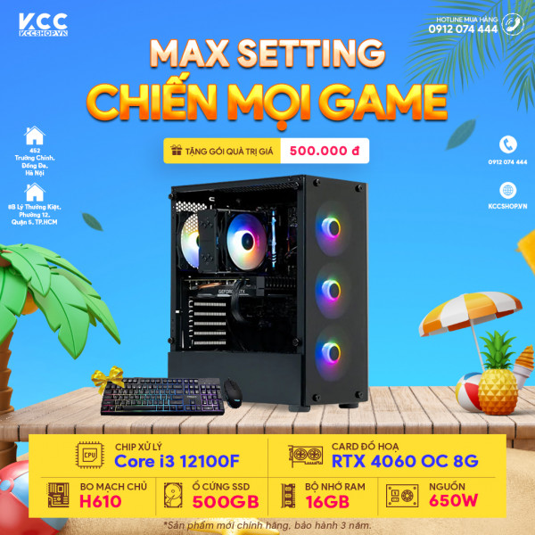 PC KCC Gaming C24 (I3 12100F / H610 / 16GB RAM / 500GB SSD / RTX 4060 8GB / 650W)