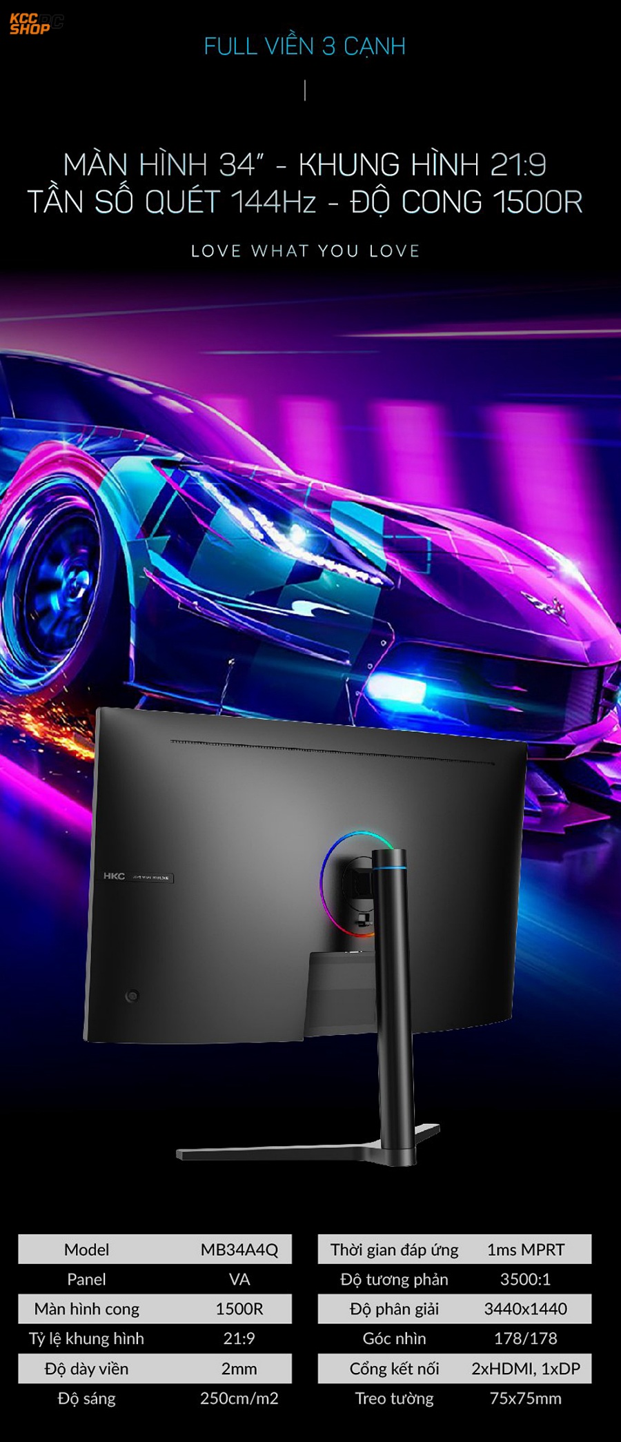 Màn hình cong HKC 34inch VA 144Hz WQHD - MB34A4Q (ID: 3594)