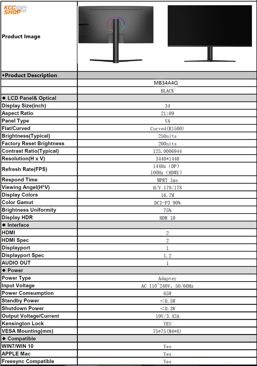 Màn hình cong HKC 34inch VA 144Hz WQHD - MB34A4Q (ID: 3594)
