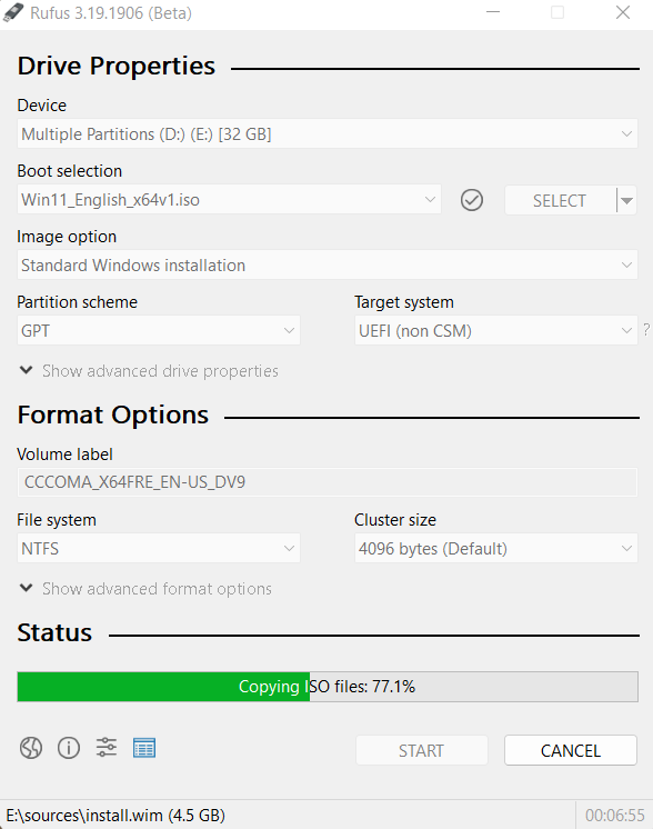 Rufus đang tạo USB cài đặt Windows 11