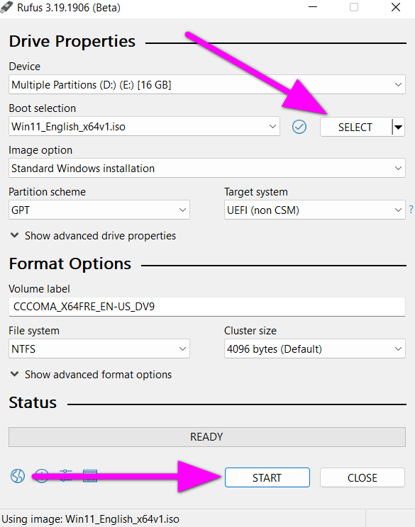 Chọn file ISO Windows 11 và bấm Start trong Rufus