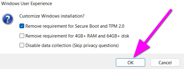 Các tùy chọn bỏ qua yêu cầu cài đặt Windows 11 trong Rufus