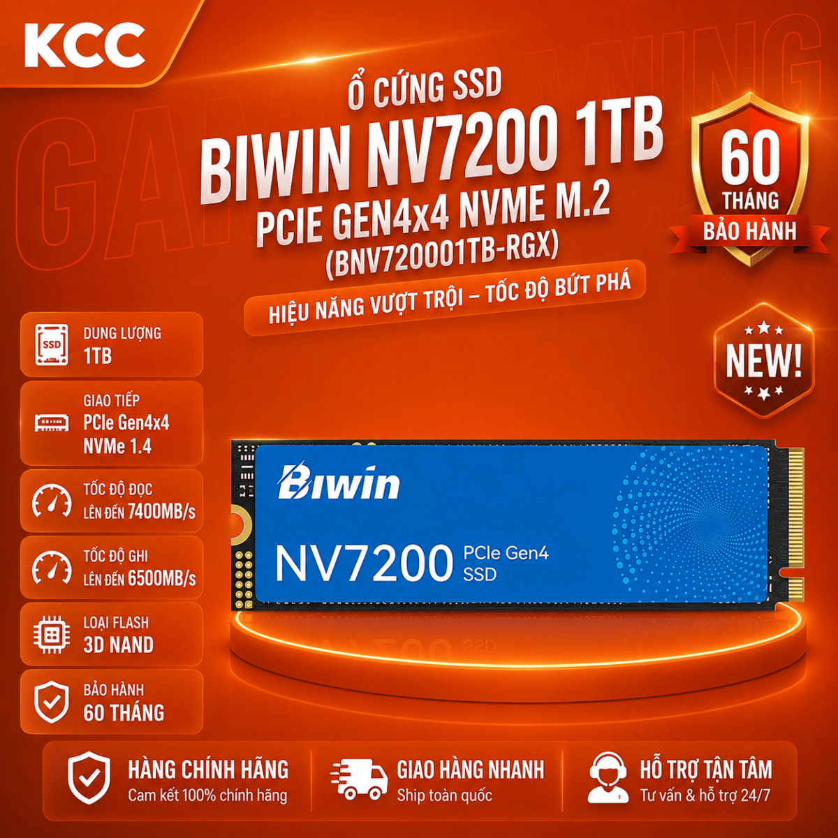 Ổ cứng SSD Biwin NV7200 1TB PCIe Gen4x4 NVMe M.2 (BNV720001TB-RGX)