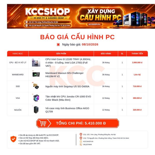 PC KCC Intel I5-14400 / OnBoard Graphic (Kèm Window bản quyền)