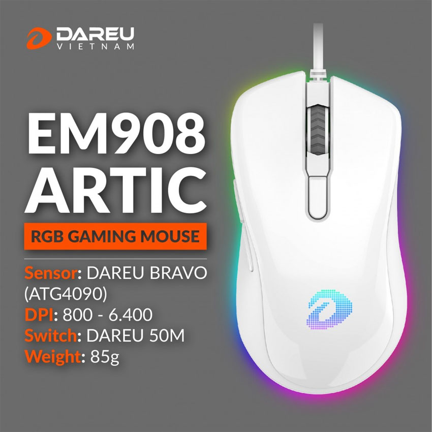 Chuột Gaming DAREU EM908 ARTIC (LED RGB, BRAVO sensor)