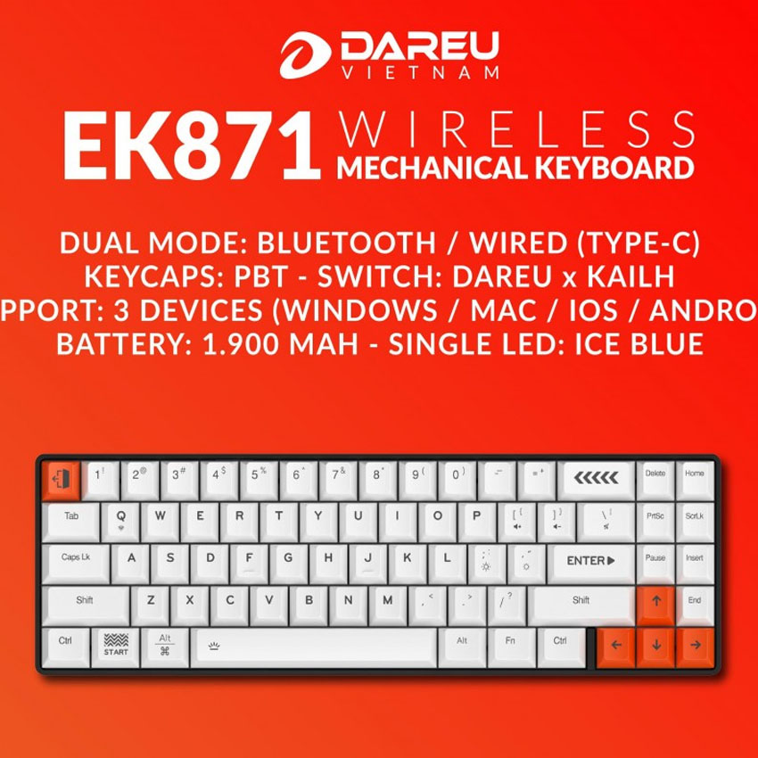 Bàn phím cơ không dây DAREU EK871 71KEY (PBT, Blue/ Brown/ Red D-KAILH switch)