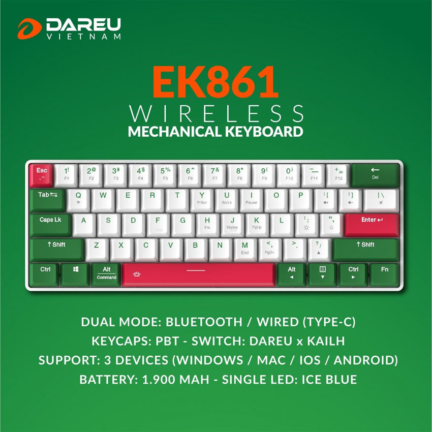 Bàn phím cơ không dây DAREU EK861 61KEY (PBT, Blue/ Brown/ Red D-KAILH switch)