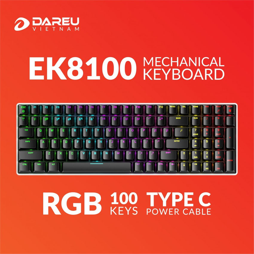 Bàn phím cơ Gaming DAREU EK8100 100KEY (RGB, Blue/ Brown/ Red D switch)