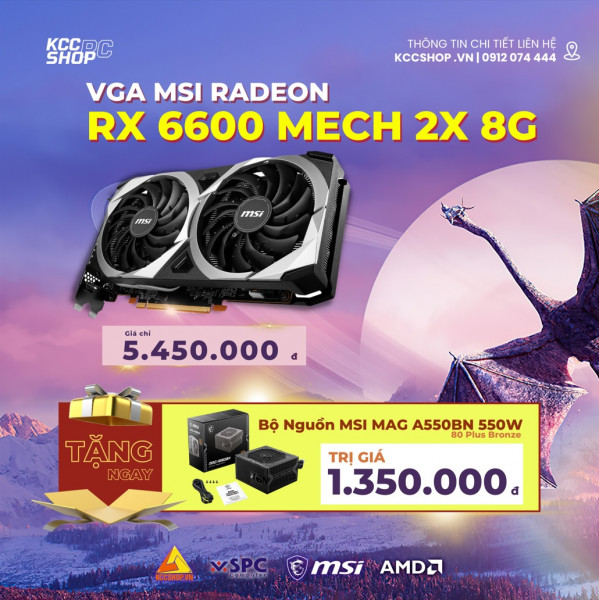 Card màn hình MSI Radeon RX 6600 MECH 2X 8GB (8GB GDDR6, 128-bit, HDMI+DP, 1x8-pin)