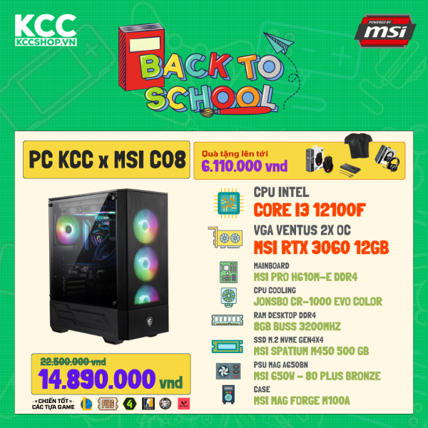 PC KCC MSI C08 ( I3 12100F/ H610/ 8GB RAM/ 500GB SSD/ RTX 3060 12GB/ 650W)