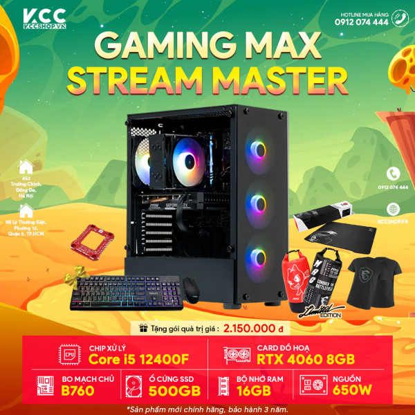 PC KCC Gaming Max C37( I5 12400F/ B760/ 16GB RAM/ 500GB SSD/ RTX 4060 8GB/ 650W)