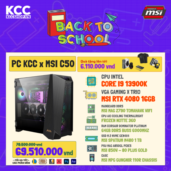 PC KCC MSI C50 Full Black (I9 13900K/ Z790/ 32GB RAM/ 1TB SSD/ RTX 4080 16GB/ 850W ) + Tản Nhiệt Nước