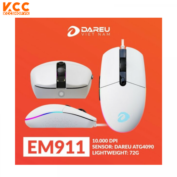 Chuột Gaming DAREU EM911 (RGB, White, DareU BRAVO sensor: 10.000 DPI, Lightweight: 72g)