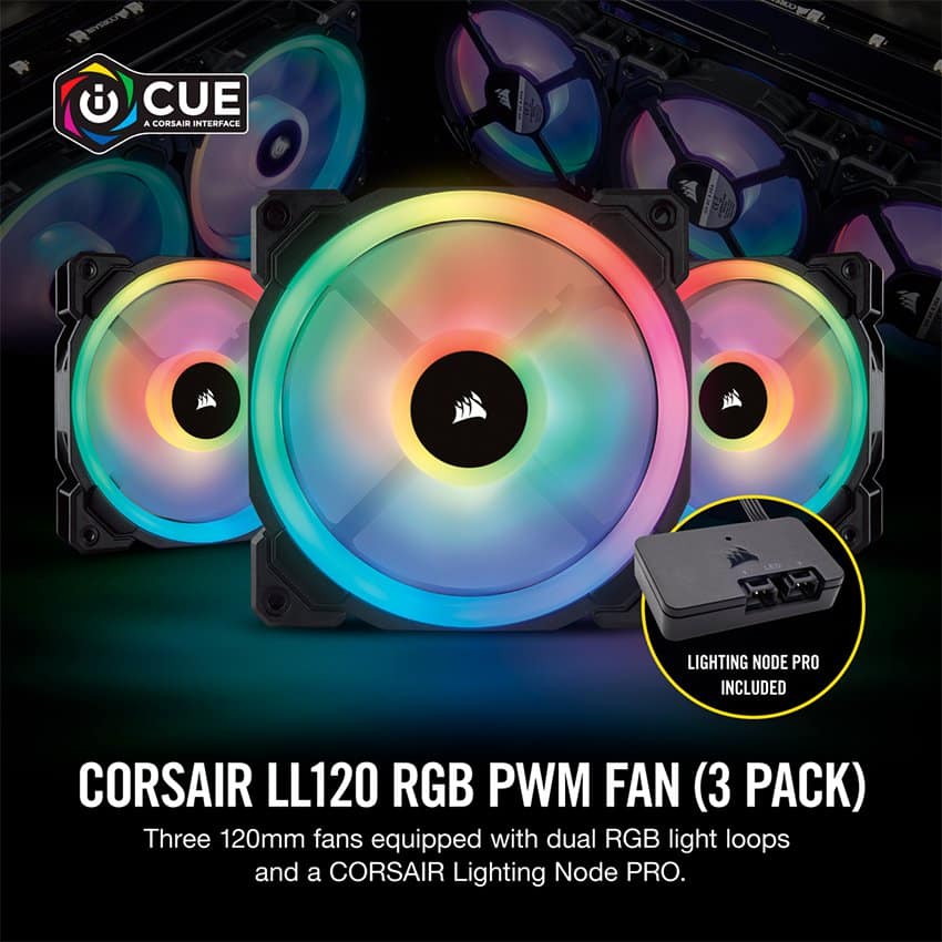 Fan Case Corsair LL120 RGB 120mm Dual Light Loop RGB LED 3 Fan Pack with Lighting Node PRO