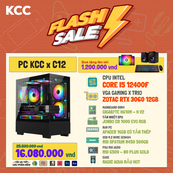 PC KCC Gaming C30 (I5 12400F / H610/ 16GB RAM/ 500GB SSD/ RTX 3060 12GB/ 650W ) 